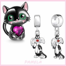 Abalorio colgante de Plata de Ley 925, bonitos abalorios de gato negros, cuentas de gato Tom, compatibles con pulseras Pandora, accesorios de joyería DIY