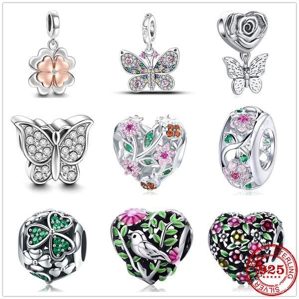 925 Sterling Silver Dangle Charm Papillon Quatre-Trèfle Vert Oiseau Fleur Perles Perle Fit Pandora Charms Bracelet DIY Bijoux Accessoires