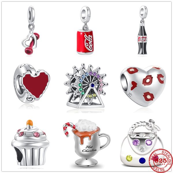 925 Sterling Silver Dangle Charm Cacao Mignon Haltère Grande Roue Perles Perle Fit Pandora Charms Bracelet DIY Bijoux Accessoires