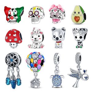 Abalorio colgante de Plata de Ley 925, cuentas de perro y gato, abalorios de Calavera, cuentas aptas para pulsera Pandora, accesorios de joyería DIY