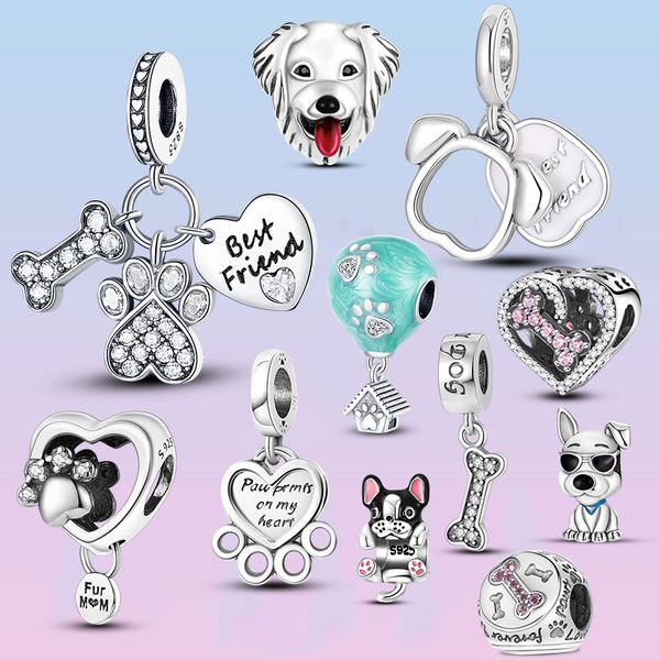 925 Sterling Silver Dangle Charm Chien Patte Charmes Meilleur Ami Coeur Perles Perle Fit Pandora Charms Bracelet DIY Bijoux Accessoires