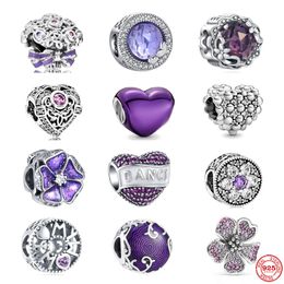 925 Sterling Silver Dangle Charm Dream Purple Beads Love Heart Flowers Colgante Beads Bead Fit Pandora Charms Bracelet DIY Jewelry Accessories