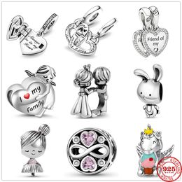 925 Sterling Silver Dange Charm Fashion Prince Prinses Girl Sister Beads Bead Fit Pandora Charms Bracelet Desy Sieraden Accessoires