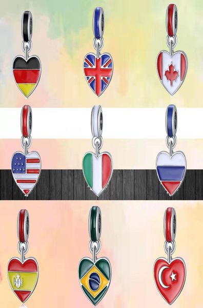 925 Sterling Silver Dangle Charm Fashion USA España Canadá Rusia Italia National Flag National Classic Beads Bead Fit Charms Bracelet Diy Joyería Accesorios358937777