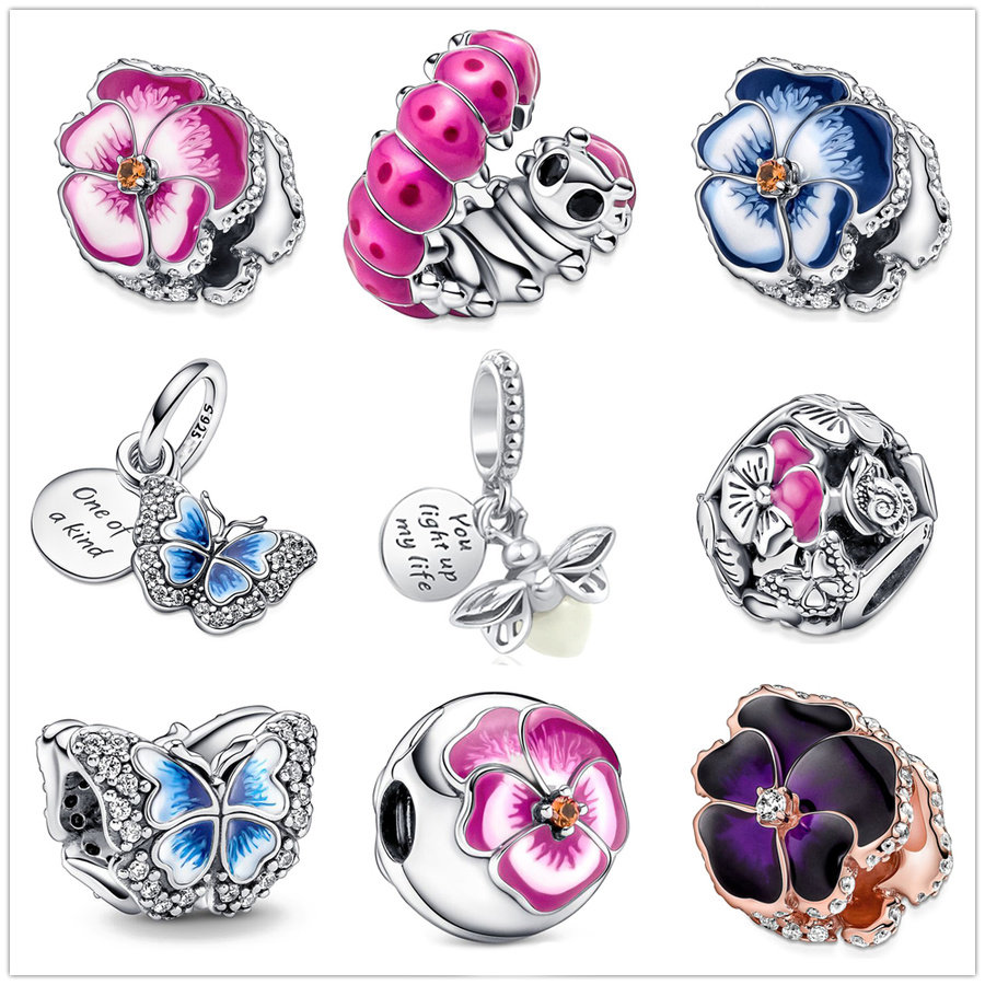 925 Sterling Silver Dangle Charm Glow-in-the-dark Firefly Flower Dangle Bead Fit Pandora Charms Bracelet DIY Jewelry Accessories