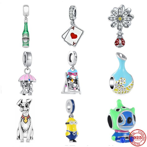 925 Sterling Silver Dangle Charm Montgolfière Vase Fleur Chien Bouteille De Bière Perles Perle Fit Pandora Charms Bracelet DIY Bijoux Accessoires