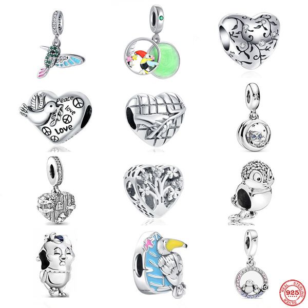 925 Sterling Silver Dangle Charm Amour Coeur Charmes Petit Oiseau Série Pendentif Perles Perle Fit Pandora Charms Bracelet DIY Bijoux Accessoires