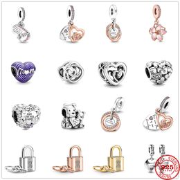 925 Sterling Silver Dangle Charm Día de la madre Mamá Heart Lock Pendant Diy Fine Beads Bead Fit Pandora Charms Bracelet DIY Jewelry Accessories