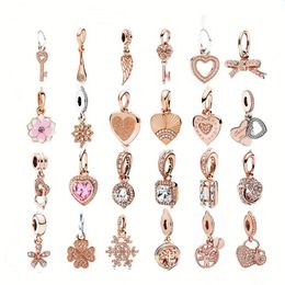 925 Sterling Silver Dangle Charm Cadeau de Fête des Mères Or Rose Vie Feuille Cintre Flocon De Neige Perle Fit Pandora Charms Bracelet DIY Bijoux Accessoires