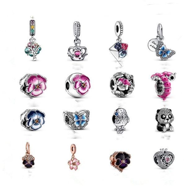 925 Sterling Silver Dangle Charm Fête des Mères Tricolore Viola Enveloppe Caterpillar Panda Papillon Couronne Perle Fit Pandora Charms Bracelet DIY Bijoux Accessoires