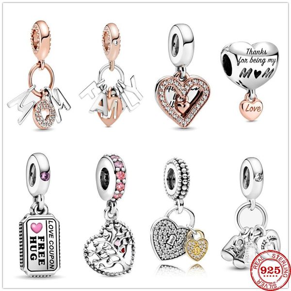 925 Sterling Silver Dangle Charm Maman Famille Lettres Amour Coupon serrure Pendentif Perles Perle Fit Pandora Charms Bracelet DIY Bijoux Accessoires