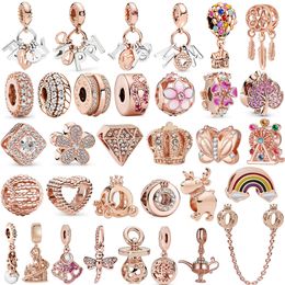 925 Sterling Silver Dangle Charm New 1pcs Cute Original Rose Gold Crown Butterfly Rainbow DIY Bead Fit Pandora Charms Bracelet DIY Jewelry Accessories