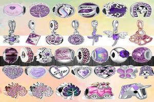 925 Sterling Silver Dangle Charm Nouveau Mignon Violet Série Maman Soeur Papillon Chien Feuille Licorne Perles Perle Fit Charms Bracelet DIY Bijoux Accessoires3965124