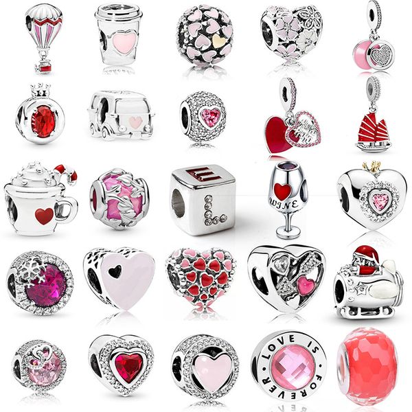 Abalorio colgante de Plata de Ley 925, nuevo, Original, corona de cristal de amor rojo, abalorio a la moda, compatible con pulsera Pandora, accesorios de joyería DIY