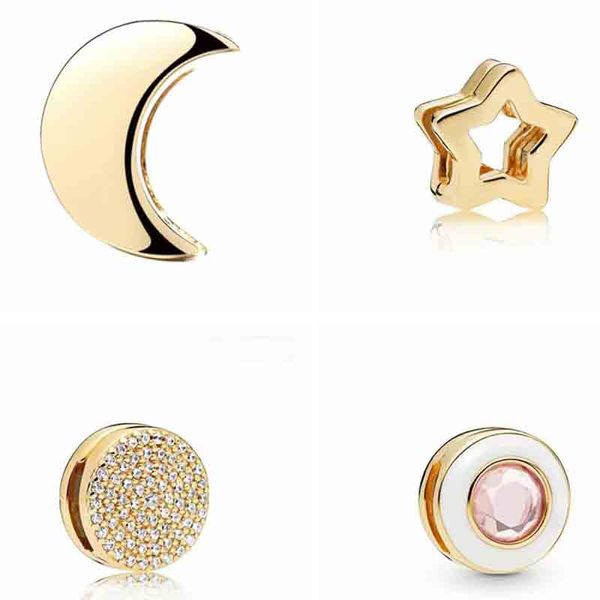 Abalorio colgante de plata de ley 925 NUEVO Original oro Reflexiones luna rosa estrella redonda presente abeja miel Clip Bead Fit Pando Charms Pulsera Accesorios de joyería DIY