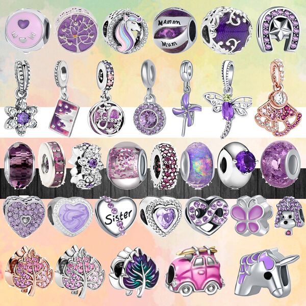 925 Sterling Argent Dangle Charm Nouvelle Série Violet Feuilles Coeur Licorne Château Pendentif Perles Perle Fit Pandora Charms Bracelet DIY Bijoux Accessoires