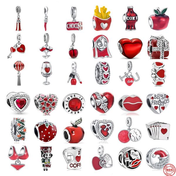 925 Sterling Silver Dangle Charm New Red Fashion Chocolate Bikini French Fries Wine Glass Lantern Beads Bead Fit Pandora Charms Bracelet DIY Jewelry Accessories