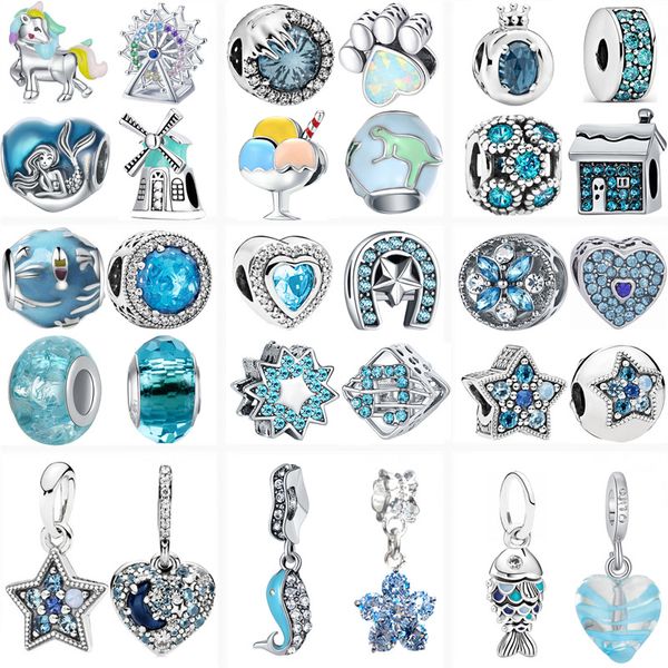 925 Sterling Silver Dangle Charm Nouvelle Série Bleu Ciel Étoile Couronne Sirène Perles Perle Fit Pandora Charms Bracelet DIY Bijoux Accessoires