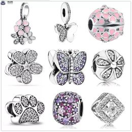925 Sterling Silver Dangle Charm Newst Pink Daisy Flower Butterfly Charm Bead voor Pandora Charms Authentieke 925 zilveren kralen