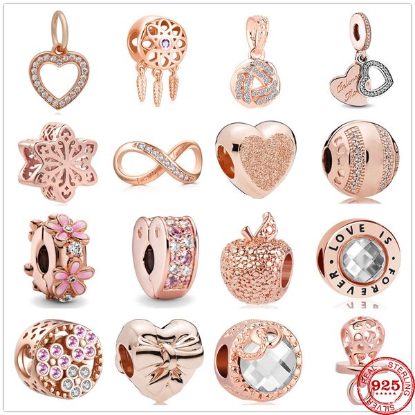 Abalorio colgante de Plata de Ley 925, espaciador de amor rosa, cuentas de Clip, compatible con pulsera Pandora, accesorios de joyería DIY