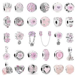 Abalorio colgante de Plata de Ley 925, flor de melocotón rosa, mariposa, serie de amor, abalorio compatible con pulsera Pandora, accesorios de joyería DIY