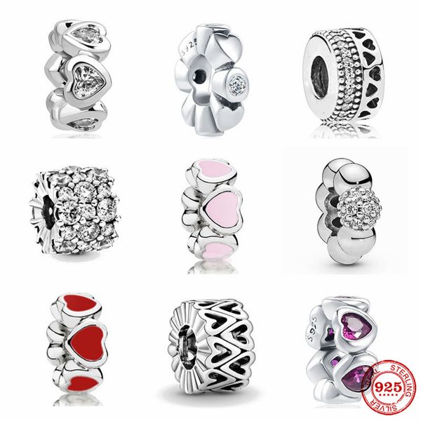 Abalorio colgante de plata de ley 925, cuentas espaciadoras redondas de piedra de corazón rojo, compatible con pulsera Pandora, accesorios de joyería DIY