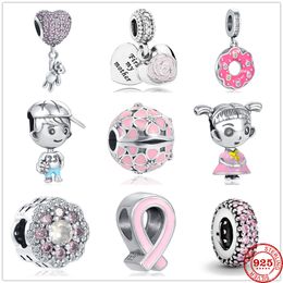 925 plata esterlina cuelga el encanto Rose Girl Boy Pink Sparkle Spacer Clip Beads Bead Fit Pandora Charms pulsera DIY accesorios de joyería