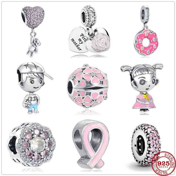 925 Sterling Silver Dangle Charm Rose Boy Boy Pink Sparkle Spacer Clip Charm Bead Fit Pando Charms Bracelet Diy Accesorios de joyería