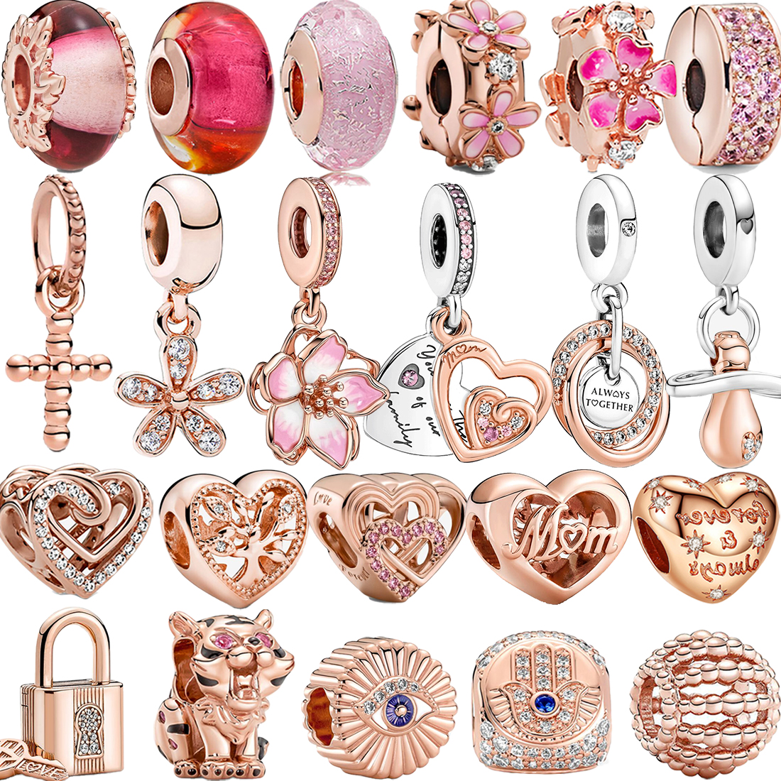 925 Sterling Silver Dangle Charm Or Rose Pomme De Pin Plume Fleur Perles Perle Fit Pandora Charms Bracelet DIY Bijoux Accessoires