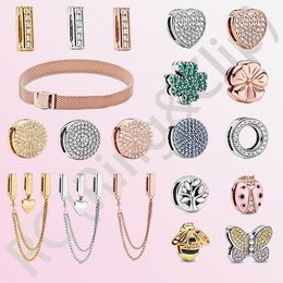 Breloque en argent sterling 925 avec clip scintillant intemporel, chaîne de perles pendantes en or rose, perle adaptée au bracelet à breloques Pandora, accessoires de bijoux à faire soi-même