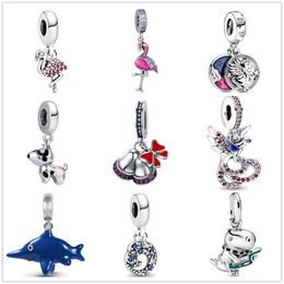 925 Sterling Silver Dangle Charm Women Beads Regalo de joyería de alta calidad Venta al por mayor Flamingo unicornio tiburón Bells Waves Pet dog Bead Fit Pandora Pulsera DIY