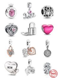  925 Sterling Silver Dangle Charm Women Beads Regalo de joyería de alta calidad Candado al por mayor y Key Dangle Charm Pink Love Bead Fit Pandora Charms Bracelet DIY 003