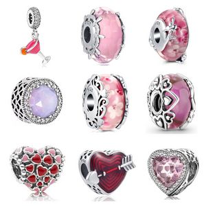 925 Sterling Silver Dangle Charm Women Beads Joya de alta calidad Regalo Al por mayor amor Red Heart Flower Flower Murano Glass Fit Pandora Bracelet Diy