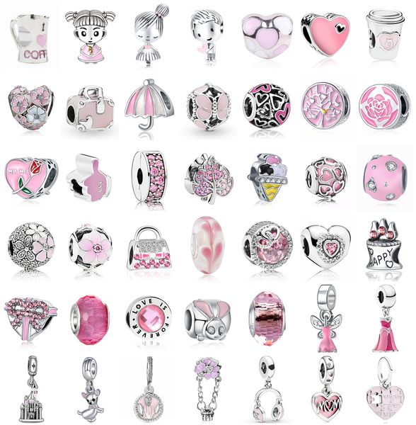 925 Sterling Silver Dangle Charm Femmes Perles Haute Qualité Bijoux Cadeau En Gros New Pink Ice Cream Coeur en forme de MOM Fleur personnalisé Perle Fit Pandora Bracelet DIY