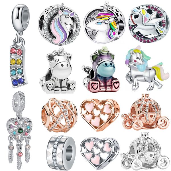 925 plata esterlina cuelga el encanto de las mujeres cuentas de joyería de alta calidad regalo al por mayor 1 unids nuevo lindo arco iris atrapasueños corona unicornio grano ajuste pulsera Pandora DIY