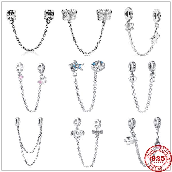 925 Sterling Silver Dangle Charm Femmes Perles Haute Qualité Bijoux Cadeau En Gros brillant chien étoile de mer chat chaîne de sécurité Perle Fit Pandora Bracelet DIY