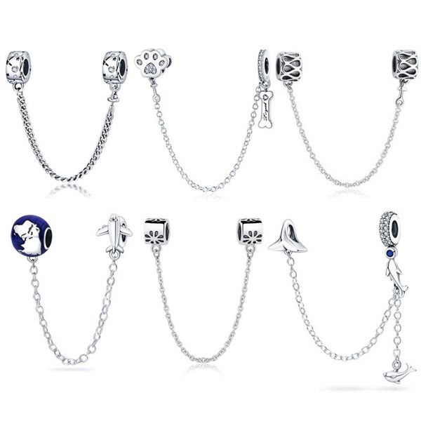 925 Sterling Silver Dangle Charm Femmes Perles Haute Qualité Bijoux Cadeau En Gros Chat Patte Os Sécurité Chaîne Perle Fit Pandora Bracelet DIY