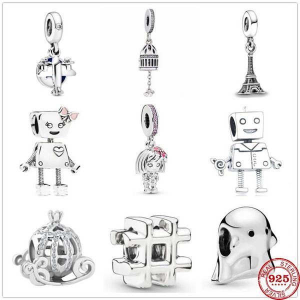 925 Sterling Silver Dangle Charm Women Beads Regalo de joyería de alta calidad Venta al por mayor Avión Robot Little Girl Bird Cage Bead Fit Pandora Pulsera DIY 1772344