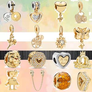 925 Sterling Silver Dangle Charm mujeres New Gold Heart Bee Family Tree Crown Beads Bead Fit Pandora Charms Bracelet DIY Jewelry Accessories