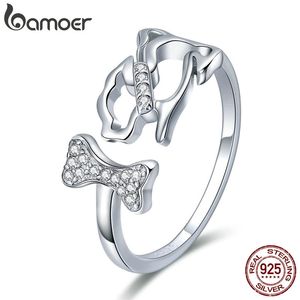 925 Sterling Silver Dog's Company Animal Dog Bone Finger Ringen voor Vrouwen Verstelbare Size Sieraden SCR416 211217