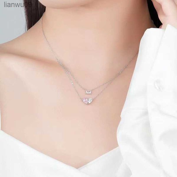 Cadena de clavícula de doble capa de Plata de Ley 925 para mujer, collar con colgante de amor de diamante rosa a la moda, accesorios de joyería fina L230704