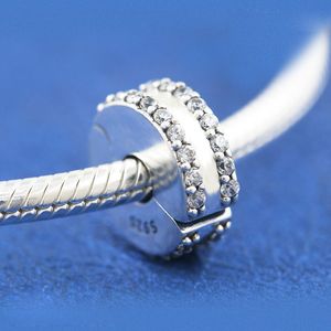 925 Sterling Silver Double Lined Pave Clip Stopper Charm Bead met Clear CZ Past CZ Fits European Sieraden Pandora Style Charmarmbanden