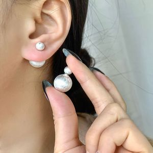 925 Sterling Silver Double Side Stud -oorbellen voor vrouwen Geometrische Ronde Ball Frosted Earring 12/14 mm