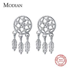 925 Sterling Silver Dreamcatcher Bladeren Tassel Dangle Oorbellen voor Dames Mode Bruiloft Engagement Statement Sieraden 210707