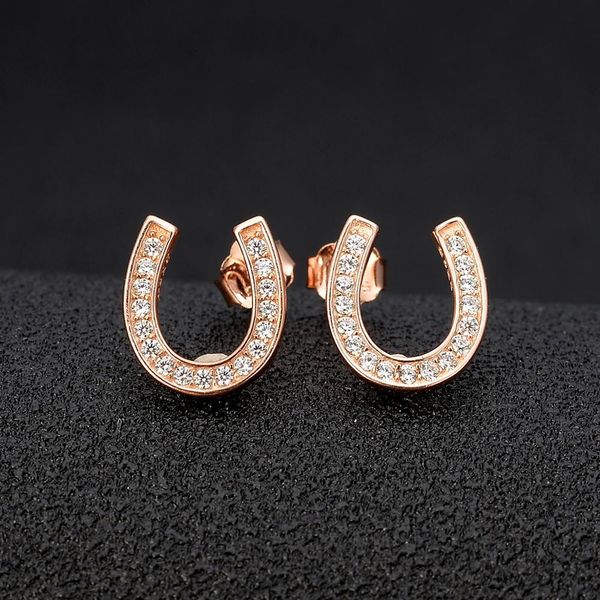 925 Sterling Silver Boucles d'oreilles Femmes Stud Lucky Horseshoe Kpop Femme Mode Bijoux De Mariage Or Rose