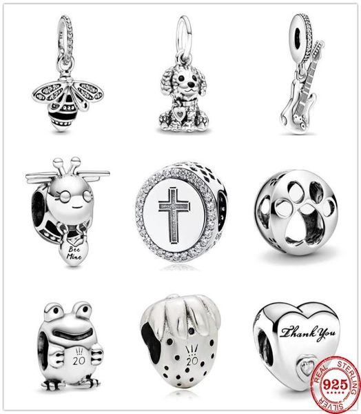 Guitare électrique en argent Sterling 925, abeille, mine, caniche, chiot, chien, perles fines, adaptées au Bracelet à breloques Original, bijoux 9797922