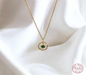 925 Sterling Silver Emerald Crystal Geometric Circle Pendant sleutelbeen ketting Ketting Vrouwen 14K GOUDPATING Simple Party Sieraden 27787333