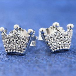Pendientes de tuerca de coronas encantadas de plata de ley 925 que se adaptan a los pendientes de moda de joyería de estilo Pandora europeo