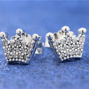 Pendientes de tuerca de coronas encantadas de plata de ley 925 que se adaptan a los pendientes de moda de joyería de estilo Pandora europeo