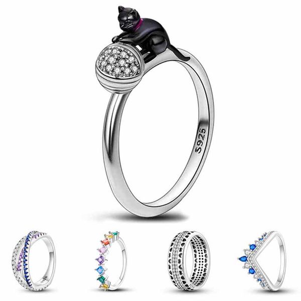 Anillo de plata de ley 925 exagerado para hombre, 12 anillos con diseños punk de múltiples capas de gato negro para mujer, anillos de plata originales 925, regalo de joyería de marca